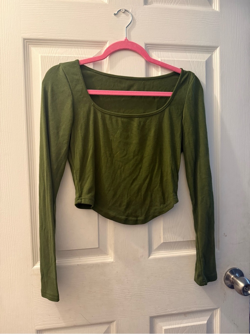 SHEIN Olive Green Long Sleeve Scoop Neck Crop Top